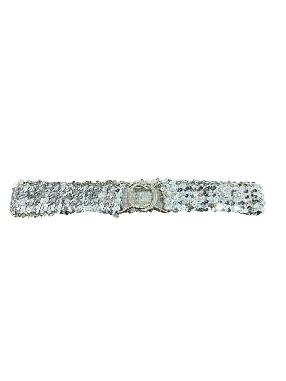 Silver Sequin Elastic Belt Decorative Oval Buckle Retro Statement Style 27 inch